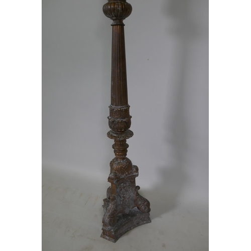 1067 - A coppered metal church torchere style standard lamp, 160cm high