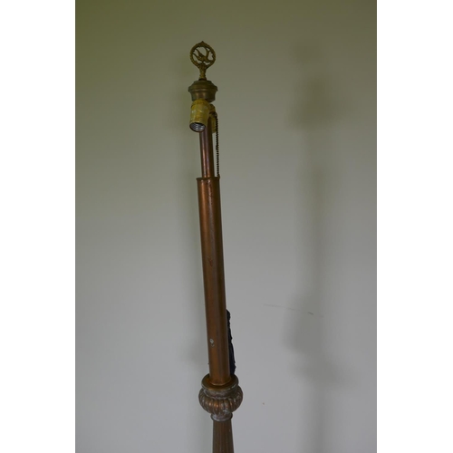 1067 - A coppered metal church torchere style standard lamp, 160cm high