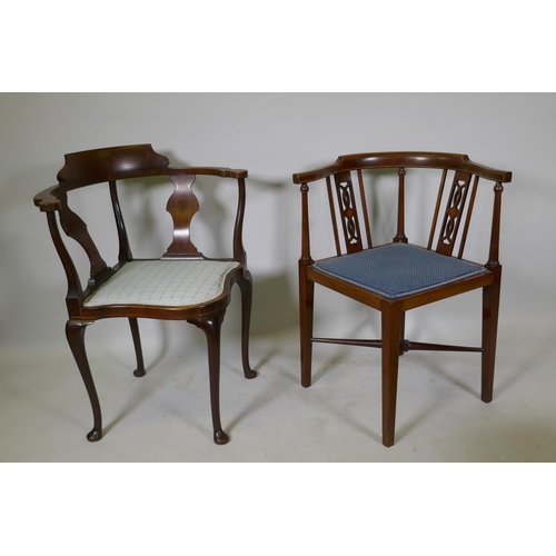 1068 - A Victorian inlaid mahogany corner chair with pierced splat back, and another similar with shaped sp... 