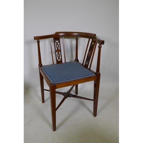 1068 - A Victorian inlaid mahogany corner chair with pierced splat back, and another similar with shaped sp... 