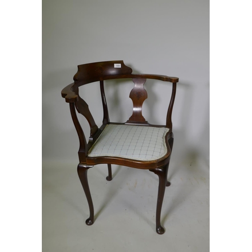 1068 - A Victorian inlaid mahogany corner chair with pierced splat back, and another similar with shaped sp... 