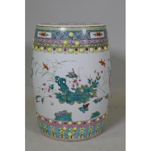 1069 - A Chinese ceramic garden stool in the form of a barrel, with famille verte enamel decoration, 49cm h... 