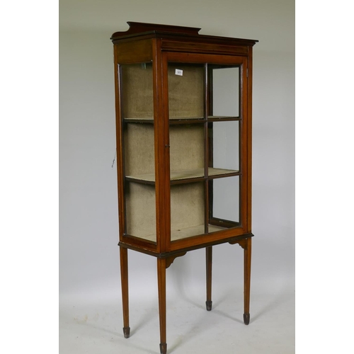 1071 - Edwardian inlaid mahogany display cabinet, raised on tapering supports, 62 x 30 x 140cm