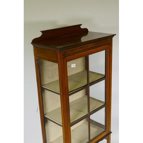 1071 - Edwardian inlaid mahogany display cabinet, raised on tapering supports, 62 x 30 x 140cm