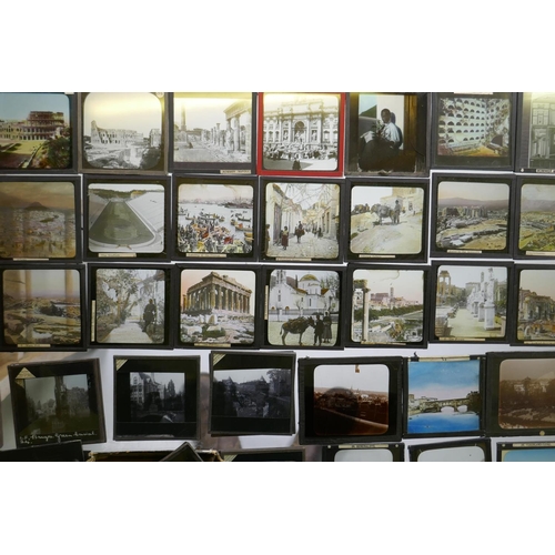 108 - Magic lantern slides, Rome, Athens, Greek street scenes, European views, Norway, fjords, Spain, Alba... 