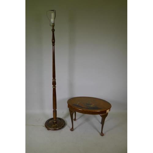 1080 - An Art Deco beechwood standard lamp by Turnidge, with raised chinoiserie decoration, 175cm high, and... 