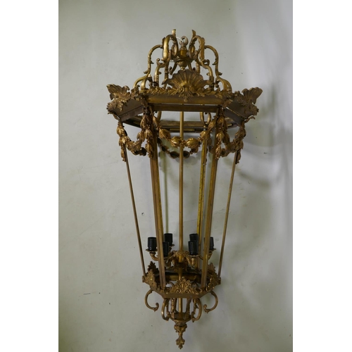 1082 - A large hexagonal bronze hanging lantern, 130cm drop