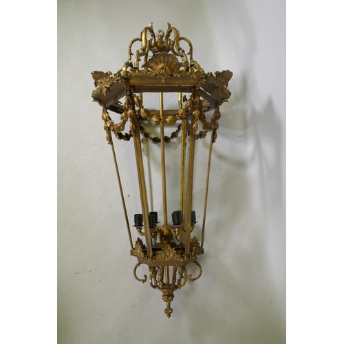 1082 - A large hexagonal bronze hanging lantern, 130cm drop