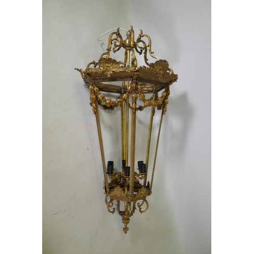 1082 - A large hexagonal bronze hanging lantern, 130cm drop