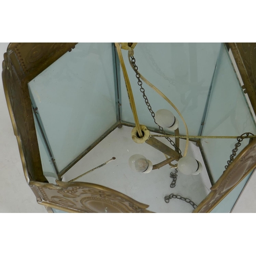 1092 - A Continental Art Nouveau brass pendant ceiling lantern with etched glass shades, 36cm wide, 60cm hi... 