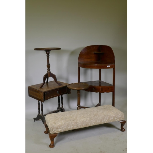 1096 - A Victorian mahogany corner washstand, a long foot stool, two wine tables and drop leaf occasional t... 