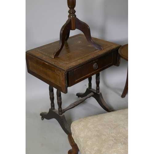 1096 - A Victorian mahogany corner washstand, a long foot stool, two wine tables and drop leaf occasional t... 