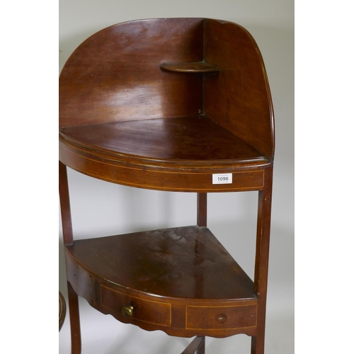 1096 - A Victorian mahogany corner washstand, a long foot stool, two wine tables and drop leaf occasional t... 