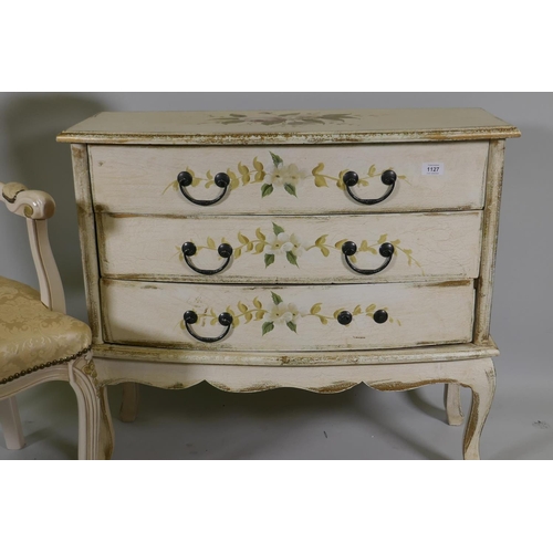 1101 - A Continental style painted chest of three drawers with floral decoration, 80 x 31 x 72cm, and a pai... 