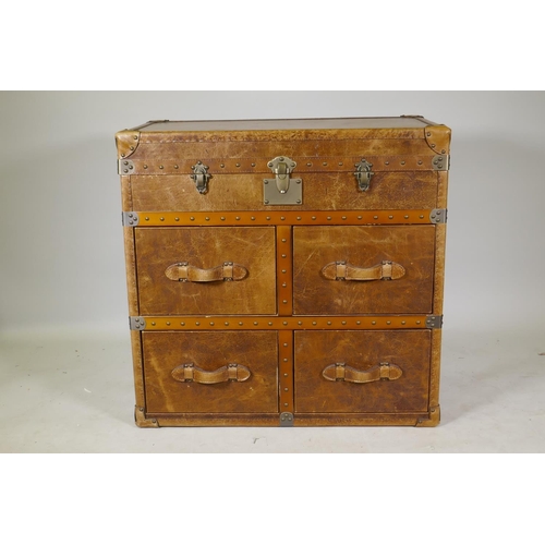 1107 - Feather & Black vintage leather Houston chest of drawers with brass mounts and lift up top, 92 x... 