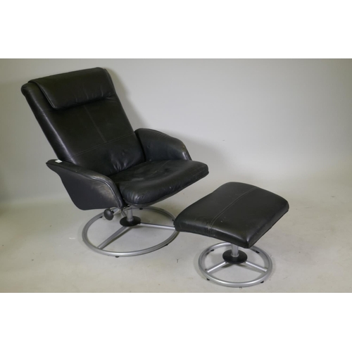 1112 - A vintage Ikea leather swivel and recline chair and stool