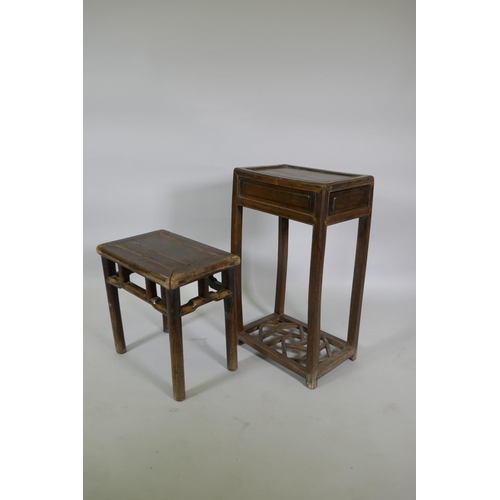 1113 - A Chinese hardwood occasional table with a single drawer and lattice undertier, together with a smal... 