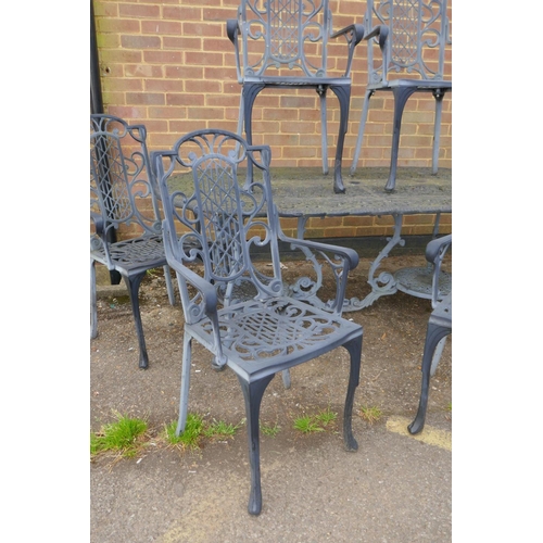 1120 - A painted metal garden table and six chairs ensuite, 187 x 95cm