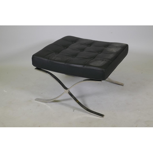 1132 - A Barcelona style footstool, with chrome metal base and button leather cushion, 60 x 60 x 40cm