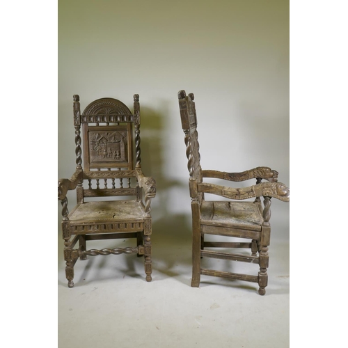 1144 - A pair of antique Continental oak high back hall chairs with carved panel backs and open arms termin... 