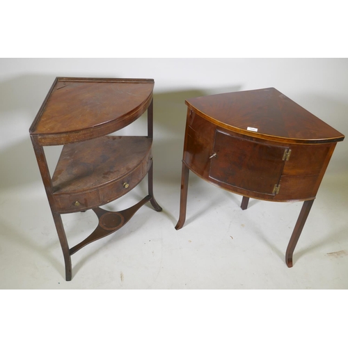 1148 - A Victorian mahogany bow front corner washstand with single cupboard door, raised on sabre supports,... 