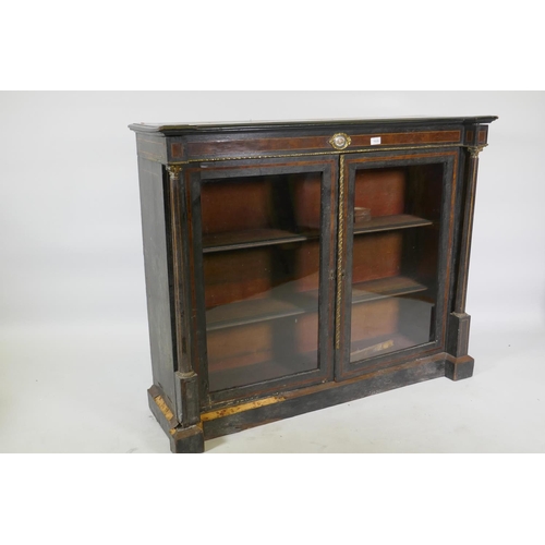 1169 - A Victorian Aesthetic style ebonised inverted breakfront display cabinet with burr walnut inlaid dec... 