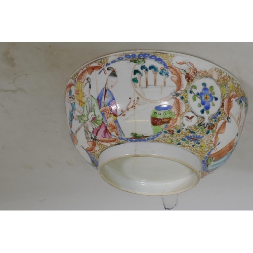 117 - A Chinese Mandarin famille rose punch bowl, AF cracked, 26cm diameter