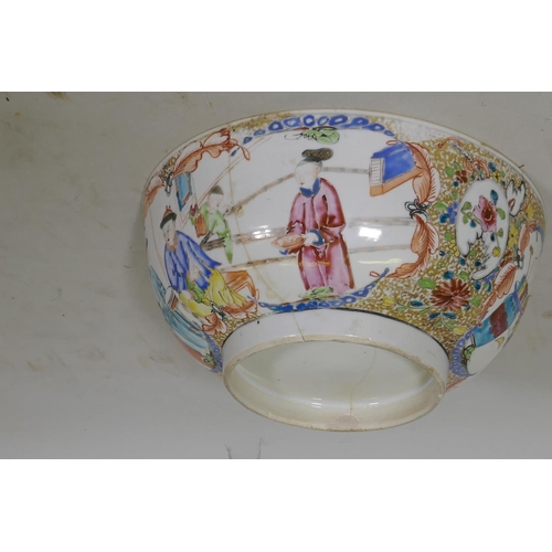 117 - A Chinese Mandarin famille rose punch bowl, AF cracked, 26cm diameter