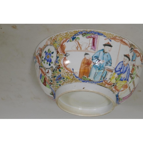 117 - A Chinese Mandarin famille rose punch bowl, AF cracked, 26cm diameter