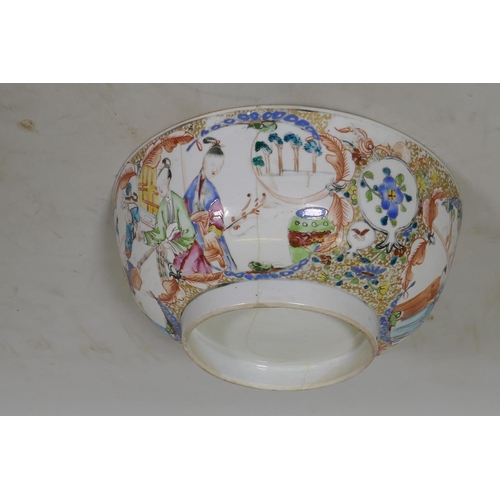 117 - A Chinese Mandarin famille rose punch bowl, AF cracked, 26cm diameter