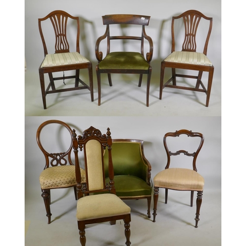 1177 - A pair of C19th Hepplewhite style side chairs with pierced splat backs and scroll arm elbow chair, a... 