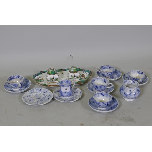 118 - C19th pearlware part tea set with marbled decoration, impressed crown mark, and a Staffordshire 'Ye ... 