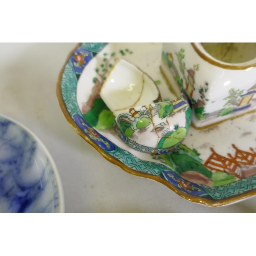 118 - C19th pearlware part tea set with marbled decoration, impressed crown mark, and a Staffordshire 'Ye ... 