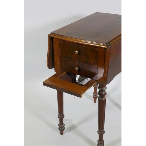 1181 - C19th mahogany work table with drop flaps and two drawers, and slide out under basket, raised on flu... 