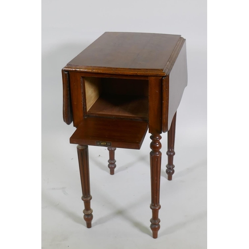 1181 - C19th mahogany work table with drop flaps and two drawers, and slide out under basket, raised on flu... 