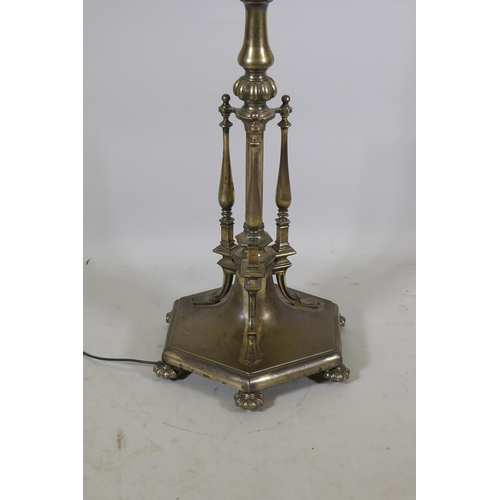 1197 - A silver plated standard/floor lamp, with onyx table, converted from oil to electricity, 168cm high