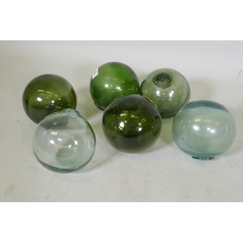 120 - Six vintage glass floats, 13cm diameter