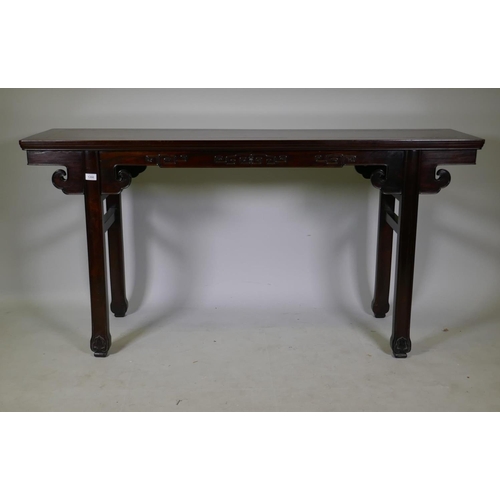 1200 - A C19th Chinese hardwood altar table with finely carved frieze, raised on splay supports, 160 x 42 x... 