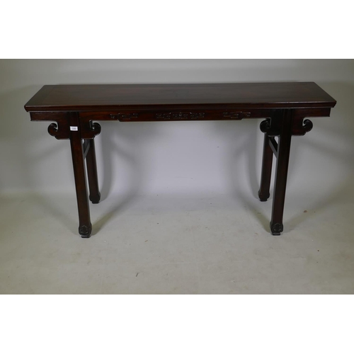 1200 - A C19th Chinese hardwood altar table with finely carved frieze, raised on splay supports, 160 x 42 x... 