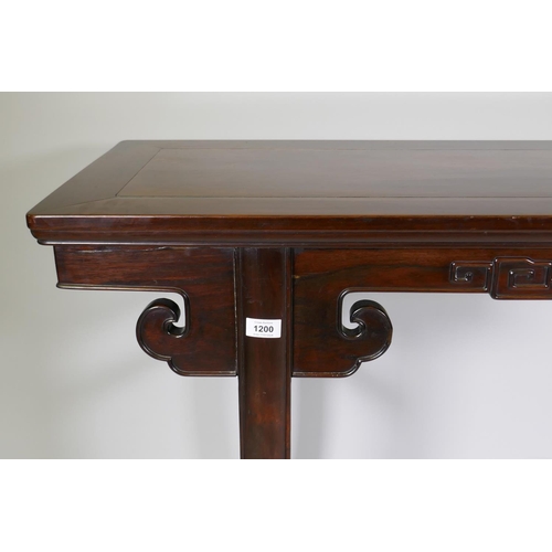 1200 - A C19th Chinese hardwood altar table with finely carved frieze, raised on splay supports, 160 x 42 x... 