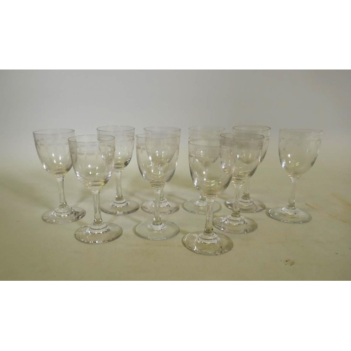 121 - Set of ten C19th sherry glasses with engraved decoration, 11.5cm high