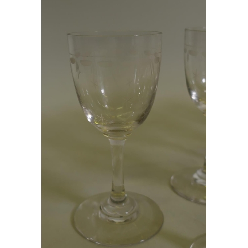 121 - Set of ten C19th sherry glasses with engraved decoration, 11.5cm high