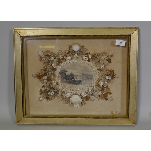 122 - A shell picture with C19th steel engraving of the Menai Straits, in a picture box gilt frame, 51 x 4... 