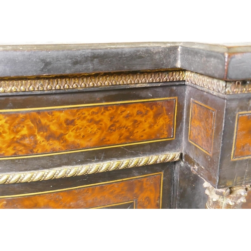 1234 - A Victorian Aesthetic ebony and amboyna inlaid credenza with brass mounts, the inverted breakfront t... 