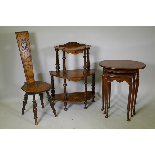 1239 - A Victorian inlaid walnut whatnot of three tiers united by twisted supports, 83cm high, a nest of th... 