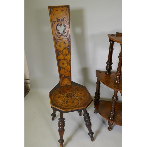 1239 - A Victorian inlaid walnut whatnot of three tiers united by twisted supports, 83cm high, a nest of th... 