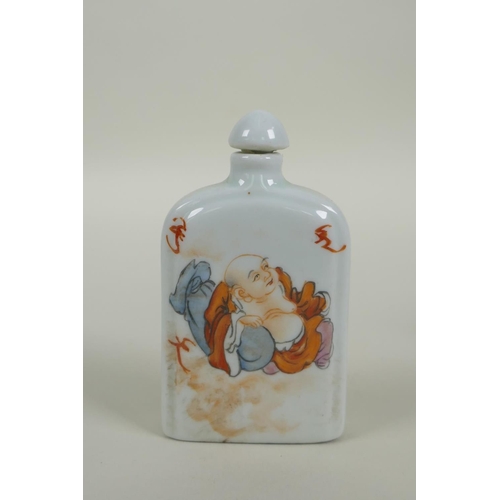 127 - A Chinese polychrome porcelain snuff bottle decorated with a Buddha and bats, inscription verso, and... 