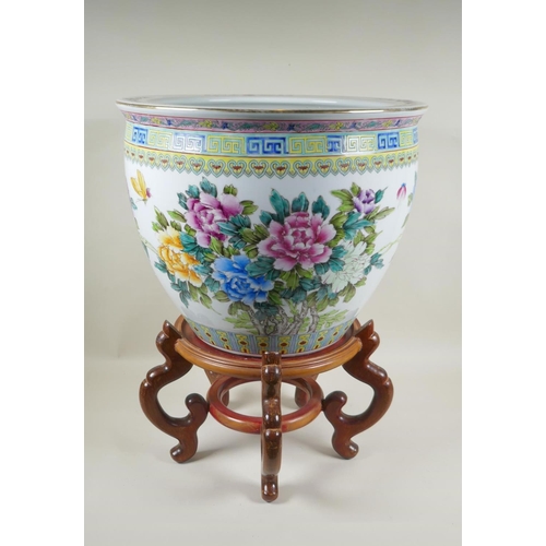 136 - A Chinese famille rose porcelain fish bowl on a wood stand, decorated with butterflies and flowers, ... 