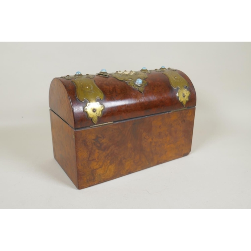 137 - A Victorian walnut domed topped box with gilt brass mounts set with turquoise style cabochons, 24 x ... 