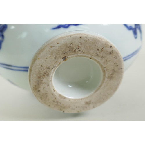 145 - A Chinese blue and white porcelain two handled moon flask with dragon decoration, Xuande 6 character... 